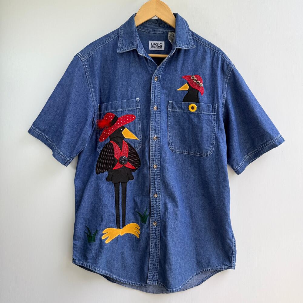 Vintage Basic Editions Denim Shirt Bird Crow Red Hat Applique Short Sleeve Small